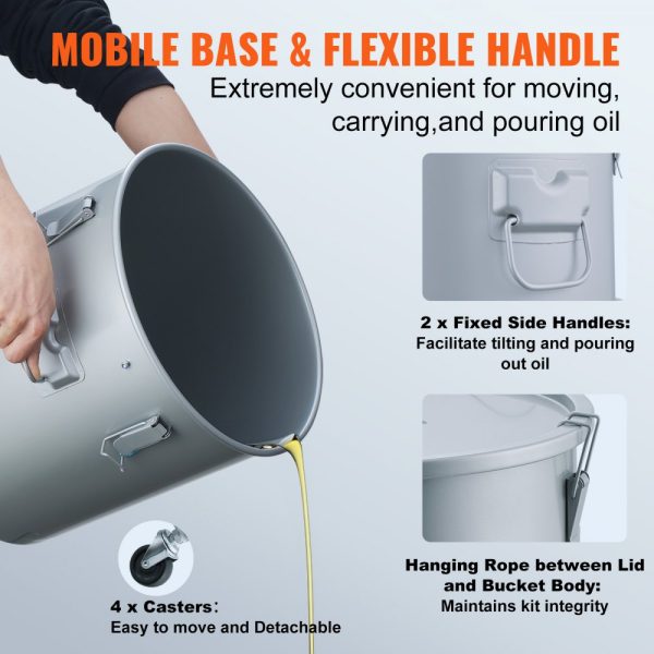 Fryer Grease Bucket 10Gal Oil Disposal Caddy on Caster Base Carbon Steel Rust Proof Coating with Lid Filter Bag Lock Clips Oil Transport Container Gray - Image 5