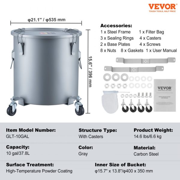Fryer Grease Bucket 10Gal Oil Disposal Caddy on Caster Base Carbon Steel Rust Proof Coating with Lid Filter Bag Lock Clips Oil Transport Container Gray - Image 7
