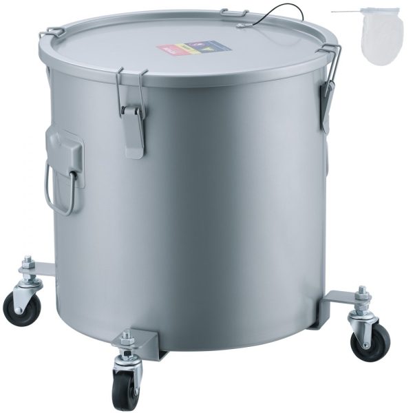 Fryer Grease Bucket 10Gal Oil Disposal Caddy on Caster Base Carbon Steel Rust Proof Coating with Lid Filter Bag Lock Clips Oil Transport Container Gray