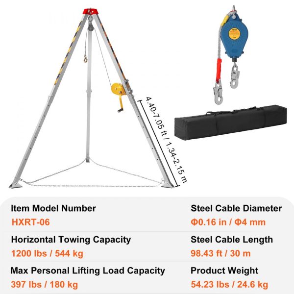 Confined Space Rescue Tripod Kit with 7ft Legs & 98ft Cable, 32.8ft Lifting Protection, 1200lbs Winch, and Storage Bag - Image 7