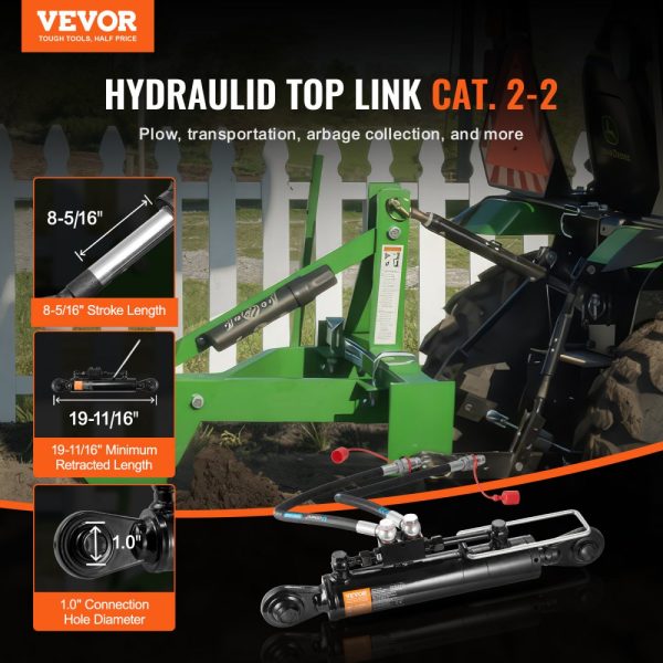 Hydraulic Top Link Cat. 2-2（8-5/16 in, 19-11/16~28 in), Hydraulic Cylinder with 2 Hoses & G3/8" Check Valve - Image 2