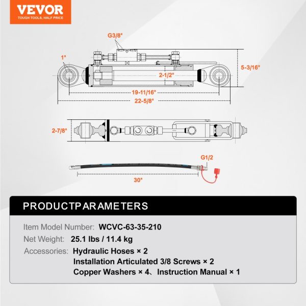Hydraulic Top Link Cat. 2-2（8-5/16 in, 19-11/16~28 in), Hydraulic Cylinder with 2 Hoses & G3/8" Check Valve - Image 7