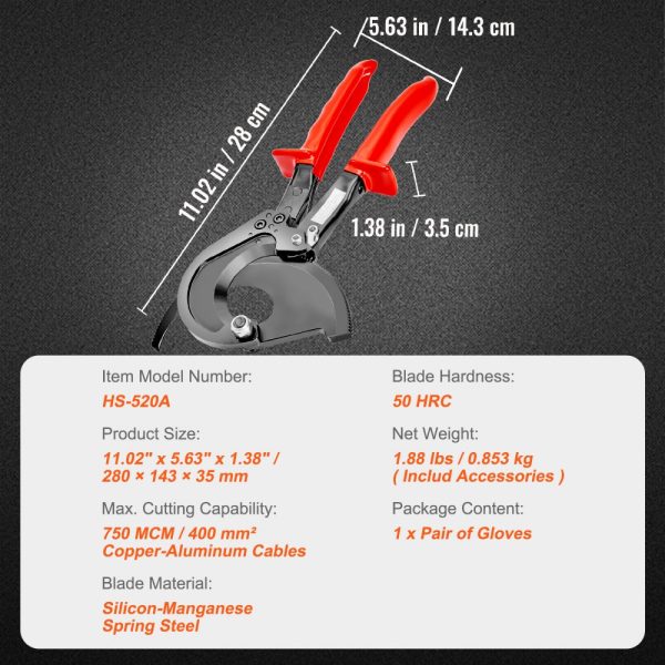 Heavy Duty 11 Cable Cutter with Gloves - Strong Silicon Manganese Steel Blade for 400mm²/780MCM Wire - Image 7