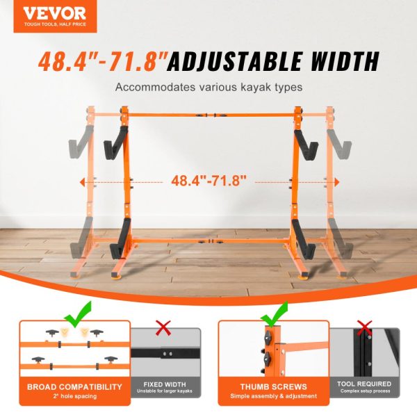 Freestanding Kayak Storage Rack for 2 Kayaks Heavy-duty Steel with Padded Arms Adjustable Width 175LBS Max Load for Indoor Outdoor Use - Image 2