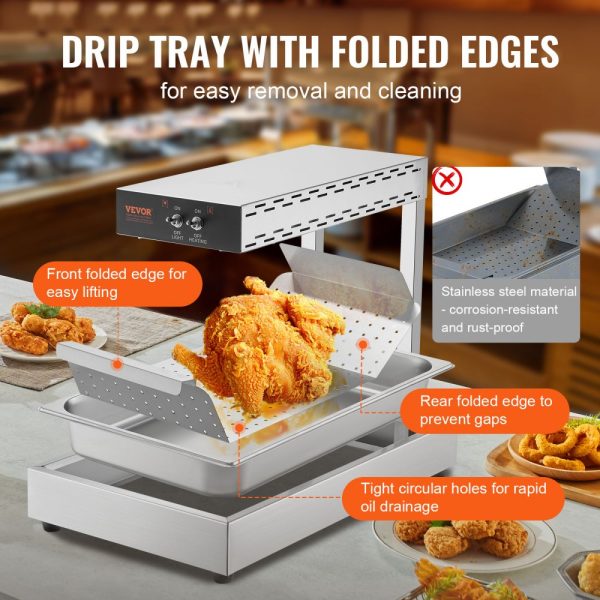 French Fry & Fries Food Warmer - 750W Electric Commercial Food Heating Lamp with Stainless Steel Warming Light for Countertop Use, 104-122°F, Chip Buffet Kitchen Restaurant - Image 4