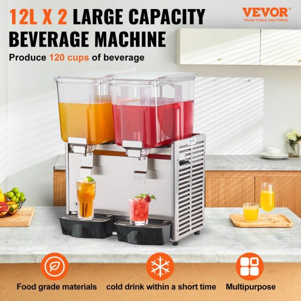 Commercial Beverage Dispenser 13.6 Qt 12L 2 Tank Ice Tea 280W 304 Stainless Steel Thermostat Controller 41-53.6°F for Cold Drink Restaurant Hotel Party - Image 2