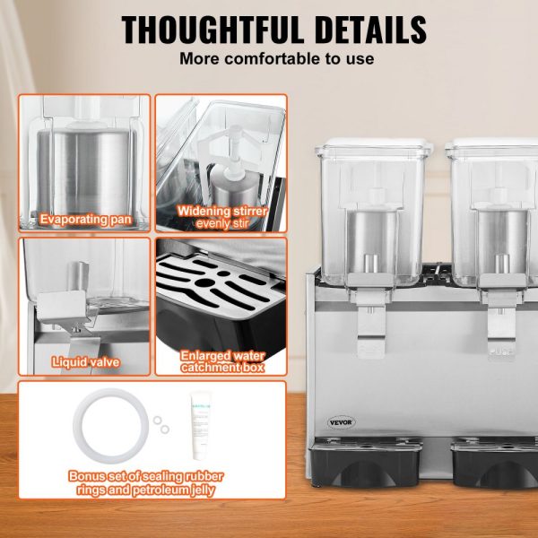 Commercial Beverage Dispenser 13.6 Qt 12L 2 Tank Ice Tea 280W 304 Stainless Steel Thermostat Controller 41-53.6°F for Cold Drink Restaurant Hotel Party - Image 5