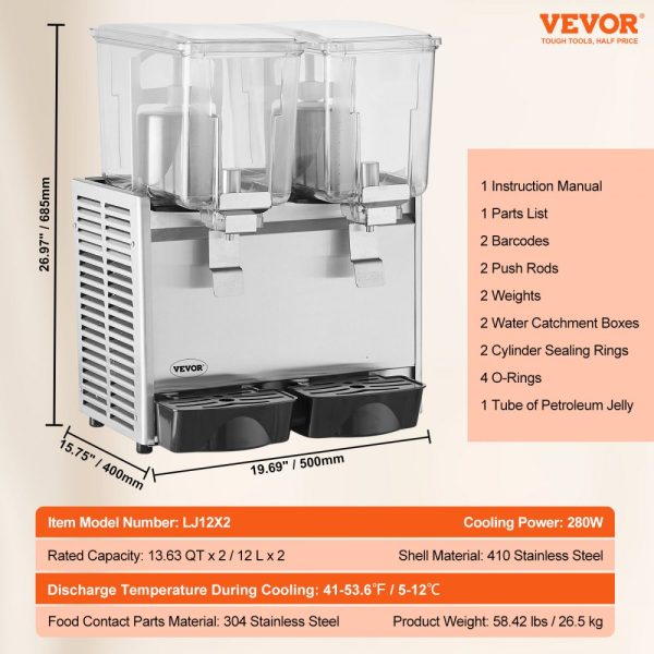 Commercial Beverage Dispenser 13.6 Qt 12L 2 Tank Ice Tea 280W 304 Stainless Steel Thermostat Controller 41-53.6°F for Cold Drink Restaurant Hotel Party - Image 7