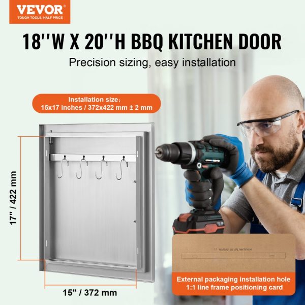BBQ Access Door 18x20 Stainless Steel Outdoor Kitchen Door Vertical Flush Mount with Handle Hook for BBQ Island Grilling Cabinet - Image 2