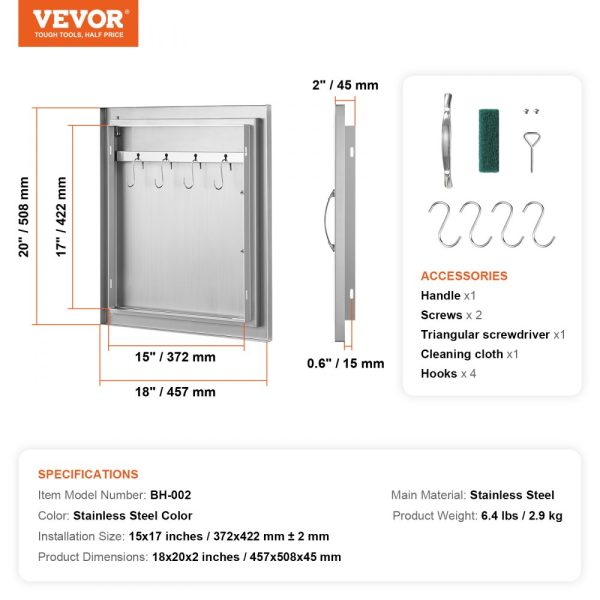 BBQ Access Door 18x20 Stainless Steel Outdoor Kitchen Door Vertical Flush Mount with Handle Hook for BBQ Island Grilling Cabinet - Image 7