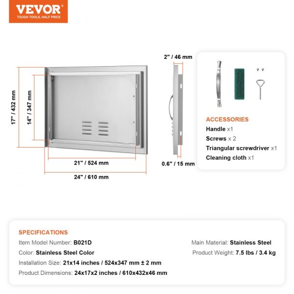 BBQ Access Door 24x17 Stainless Steel Flush Mount Outdoor Kitchen Door with Handle Vents for BBQ Island Grilling Station Outdoor Cabinet - Image 7