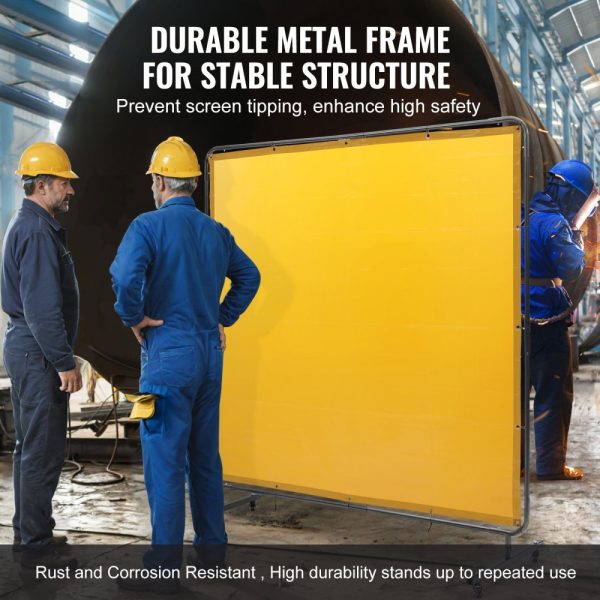 Welding Screen with Frame 6x6 Flame-Resistant Vinyl on 4 Swivel Wheels with 2 Lockable for Workshop & Industrial Yellow - Image 5