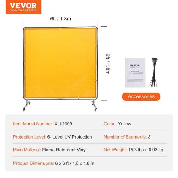Welding Screen with Frame 6x6 Flame-Resistant Vinyl on 4 Swivel Wheels with 2 Lockable for Workshop & Industrial Yellow - Image 7