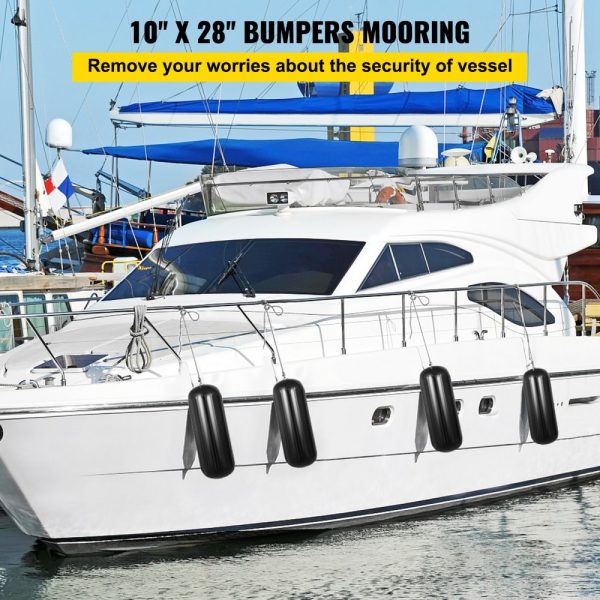 4 NEW RIBBED BOAT FENDERS 10" x 28" BLACK CENTER HOLE BUMPERS MOORING PROTECTION - Image 2