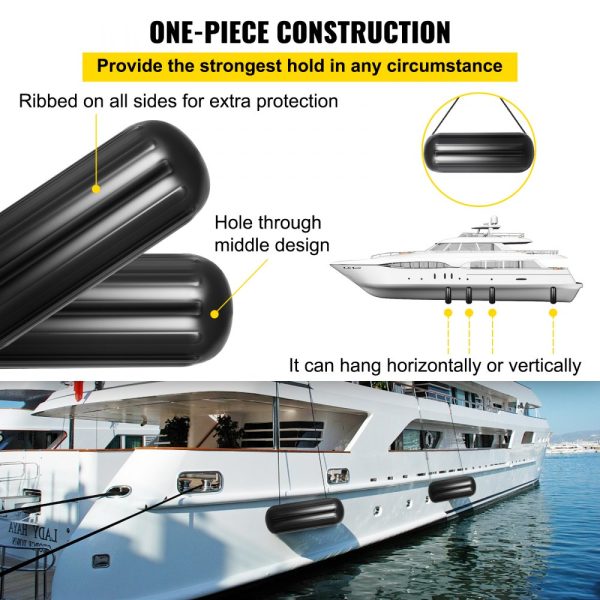 4 NEW RIBBED BOAT FENDERS 10" x 28" BLACK CENTER HOLE BUMPERS MOORING PROTECTION - Image 4