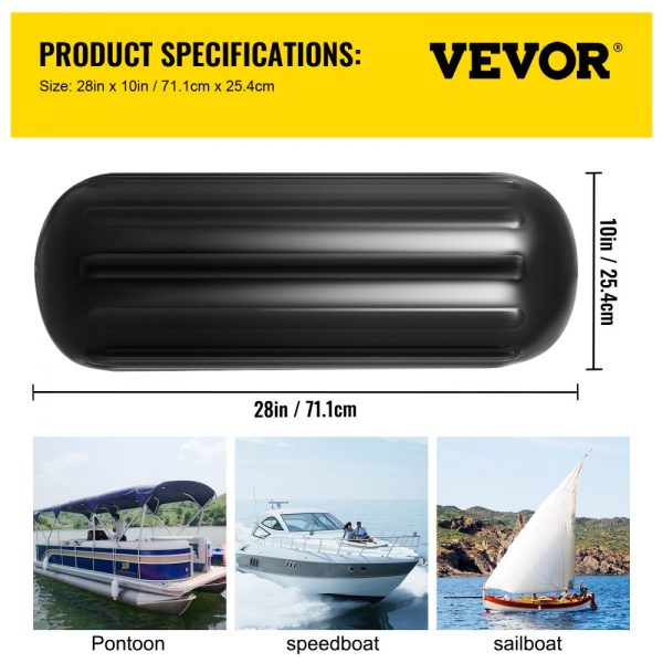 4 NEW RIBBED BOAT FENDERS 10" x 28" BLACK CENTER HOLE BUMPERS MOORING PROTECTION - Image 7