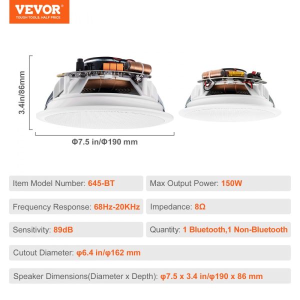 2-Pack 6.5 Bluetooth Ceiling Speakers 150Watts 8Ω 89dB Flush Mount Ceiling Wall Home Kitchen Living Room Bedroom Outdoor Covered Porches - Image 7