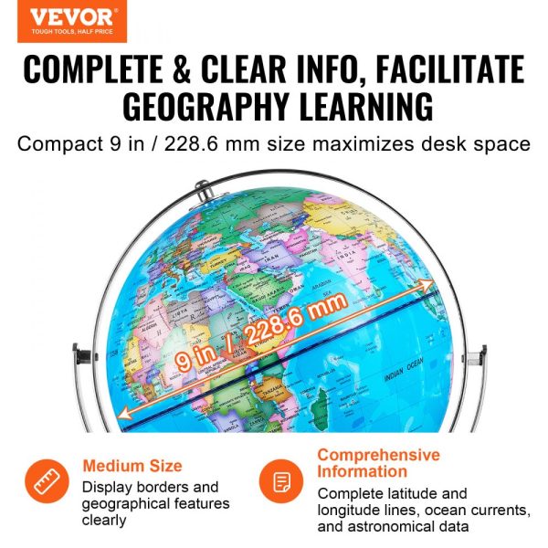 Illuminated Earth Globe 9 Inch/228.6mm with LED Constellation Night Light, HD Map, Stable Heavy Metal Stand for Kids Classroom Education - Image 2