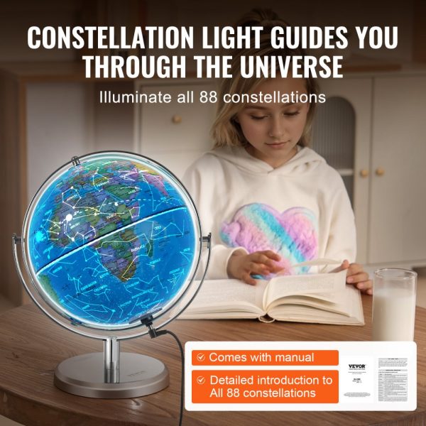 Illuminated Earth Globe 9 Inch/228.6mm with LED Constellation Night Light, HD Map, Stable Heavy Metal Stand for Kids Classroom Education - Image 3
