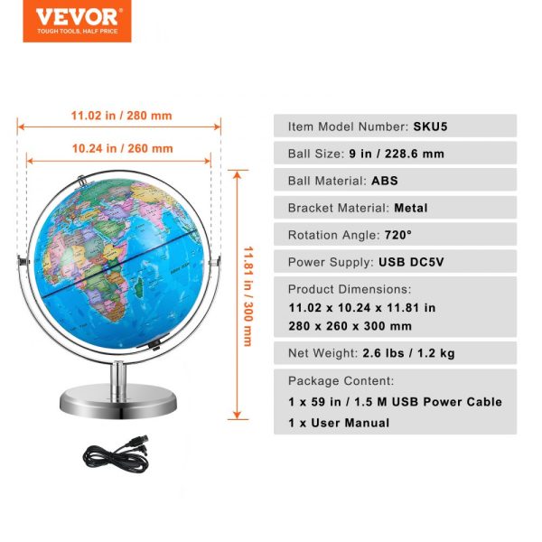 Illuminated Earth Globe 9 Inch/228.6mm with LED Constellation Night Light, HD Map, Stable Heavy Metal Stand for Kids Classroom Education - Image 7