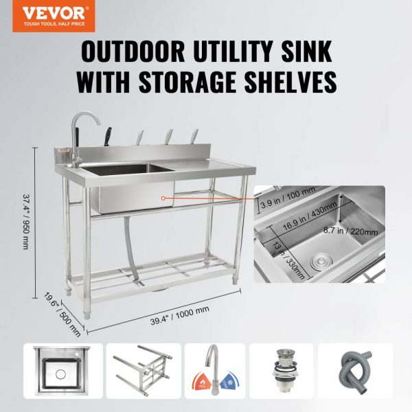 Stainless Steel Utility Sink Single Bowl Commercial Sink With Workbench Faucet And Legs 39.4x19.1x37.4 inches For Garage Restaurant Laundry NSF Certified - Image 2