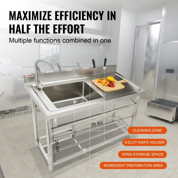 Stainless Steel Utility Sink Single Bowl Commercial Sink With Workbench Faucet And Legs 39.4x19.1x37.4 inches For Garage Restaurant Laundry NSF Certified - Image 5
