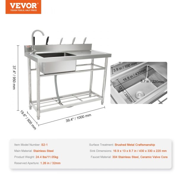 Stainless Steel Utility Sink Single Bowl Commercial Sink With Workbench Faucet And Legs 39.4x19.1x37.4 inches For Garage Restaurant Laundry NSF Certified - Image 7