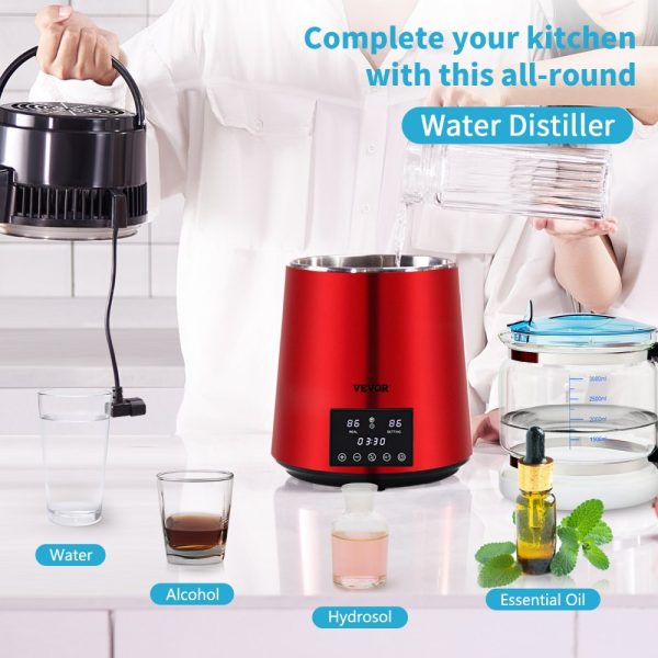1.1 Gal Water Distiller 750W 0.3Gal H 0-99H Timing Dual Temp Display 304 Stainless Steel Countertop Glass Carafe Cleaning Powder 3 Carbon Packs Red - Image 2