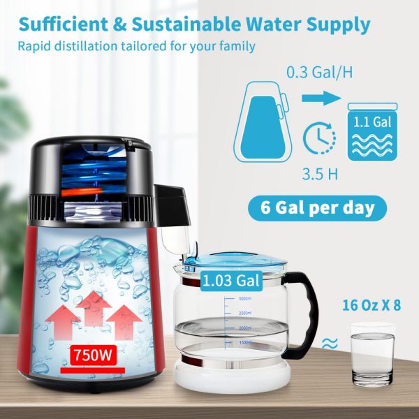 1.1 Gal Water Distiller 750W 0.3Gal H 0-99H Timing Dual Temp Display 304 Stainless Steel Countertop Glass Carafe Cleaning Powder 3 Carbon Packs Red - Image 3