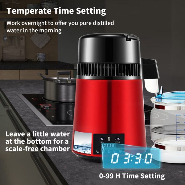 1.1 Gal Water Distiller 750W 0.3Gal H 0-99H Timing Dual Temp Display 304 Stainless Steel Countertop Glass Carafe Cleaning Powder 3 Carbon Packs Red - Image 4