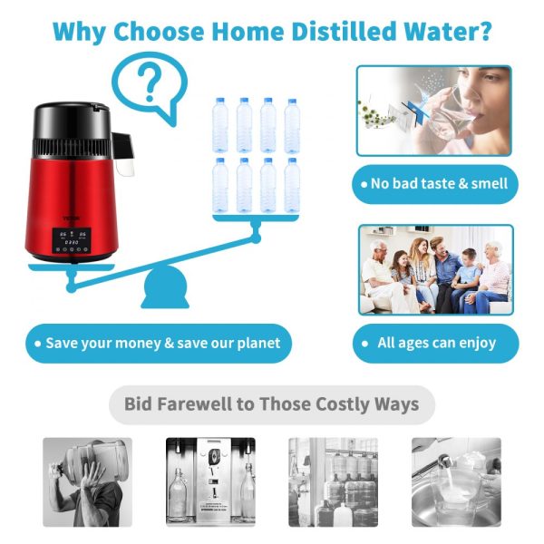 1.1 Gal Water Distiller 750W 0.3Gal H 0-99H Timing Dual Temp Display 304 Stainless Steel Countertop Glass Carafe Cleaning Powder 3 Carbon Packs Red - Image 5