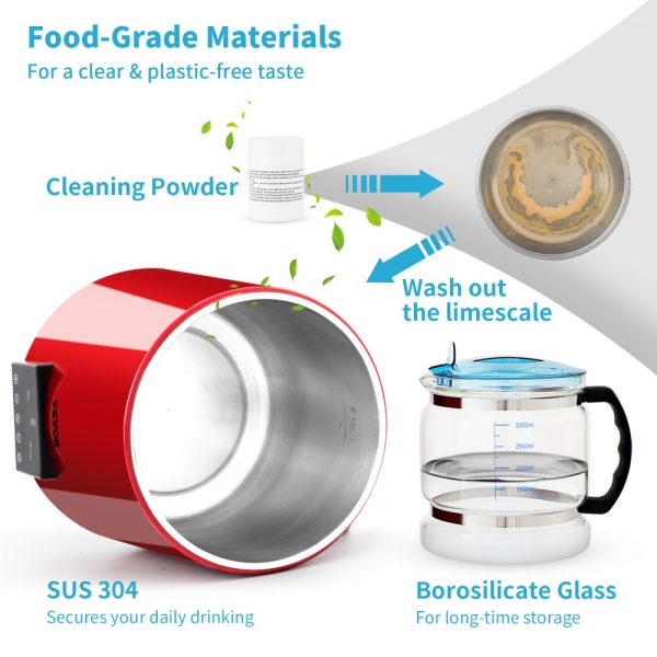 1.1 Gal Water Distiller 750W 0.3Gal H 0-99H Timing Dual Temp Display 304 Stainless Steel Countertop Glass Carafe Cleaning Powder 3 Carbon Packs Red - Image 6