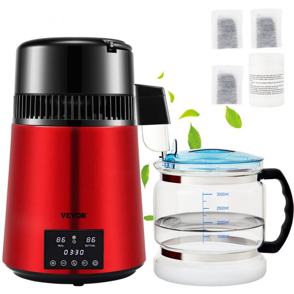 1.1 Gal Water Distiller 750W 0.3Gal H 0-99H Timing Dual Temp Display 304 Stainless Steel Countertop Glass Carafe Cleaning Powder 3 Carbon Packs Red