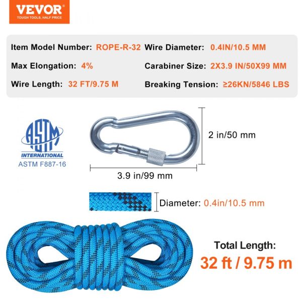 32ft Static Climbing Rope for Outdoor Rock Climbing High Strength Safety Rope with 26KN Breaking Tension 0.4'' (10mm) Escape Rope with 2 Carabiners and Storage Bag - Image 7