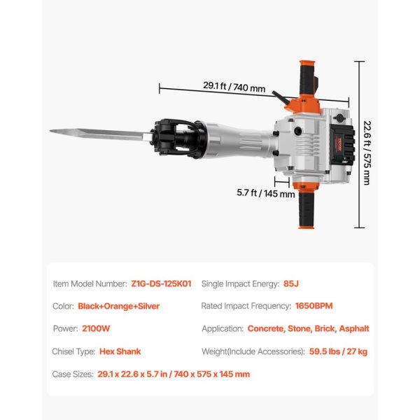 Demolition Jack Hammer Concrete Breaker 2100W Electric Hammer 2 Chisel Bit - Image 7