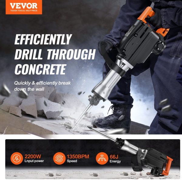 2200W Electric Jackhammer Concrete Breaker with 6 Piece Chisel Set and Carrying Case Heavy Duty Black - Image 2