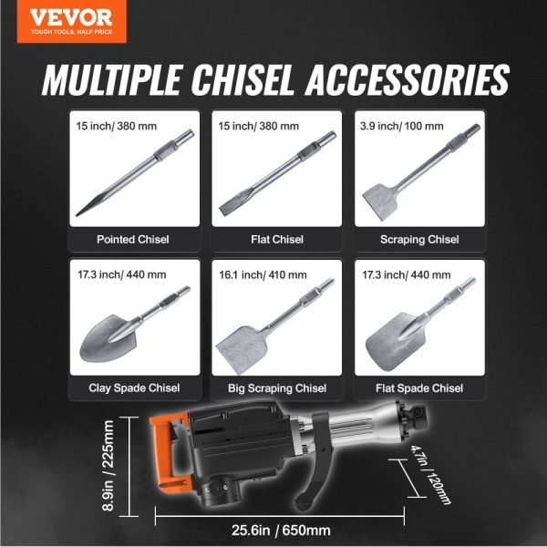 2200W Electric Jackhammer Concrete Breaker with 6 Piece Chisel Set and Carrying Case Heavy Duty Black - Image 7