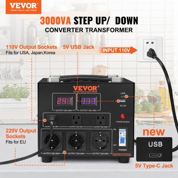 Voltage Converter Transformer 3000W Heavy Duty with 110V to 220V Conversion and 5V USB Port - Image 2