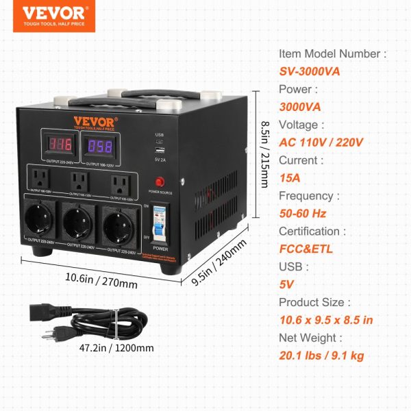 Voltage Converter Transformer 3000W Heavy Duty with 110V to 220V Conversion and 5V USB Port - Image 7