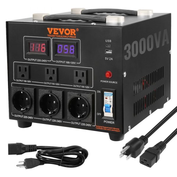 Voltage Converter Transformer 3000W Heavy Duty with 110V to 220V Conversion and 5V USB Port