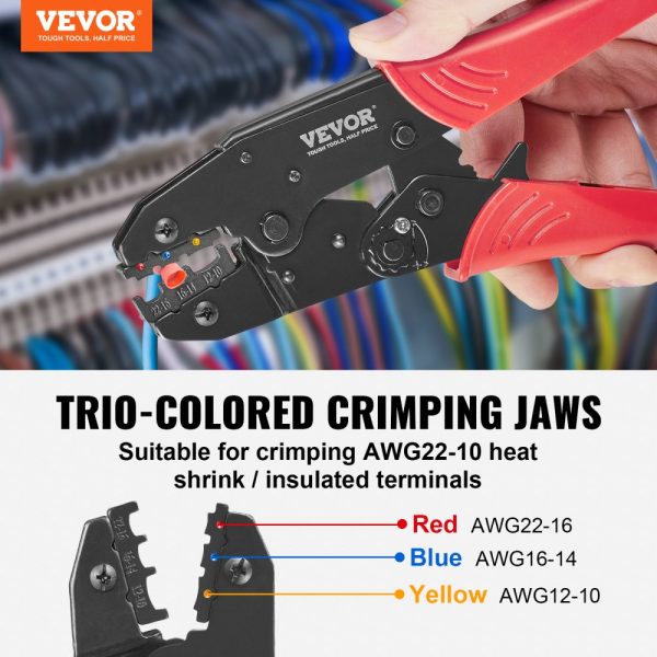 Ratcheting Crimping Pliers for Insulated Electrical Connectors, AWG22-10, Wire Stripper, 210 Heat Shrink Tubes, Easy-Crimp Tool - Image 2