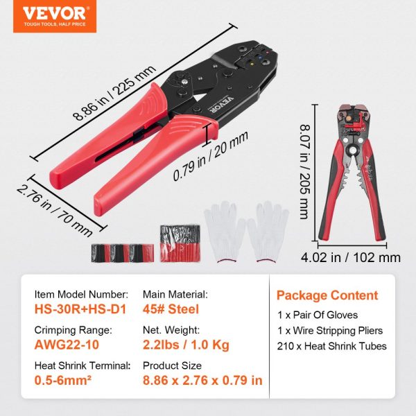 Ratcheting Crimping Pliers for Insulated Electrical Connectors, AWG22-10, Wire Stripper, 210 Heat Shrink Tubes, Easy-Crimp Tool - Image 7