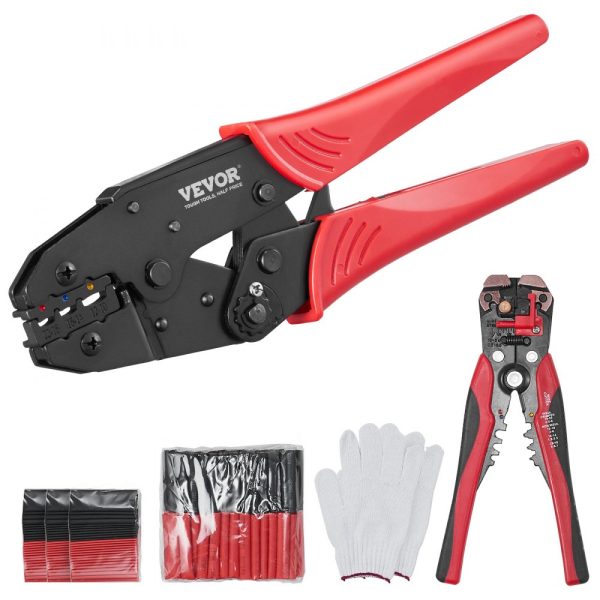 Ratcheting Crimping Pliers for Insulated Electrical Connectors, AWG22-10, Wire Stripper, 210 Heat Shrink Tubes, Easy-Crimp Tool