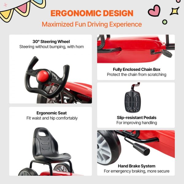 Go Kart 4 Wheel Pedal Ride On Toy for Kids Adjustable Seat Hand Brake Red - Image 6
