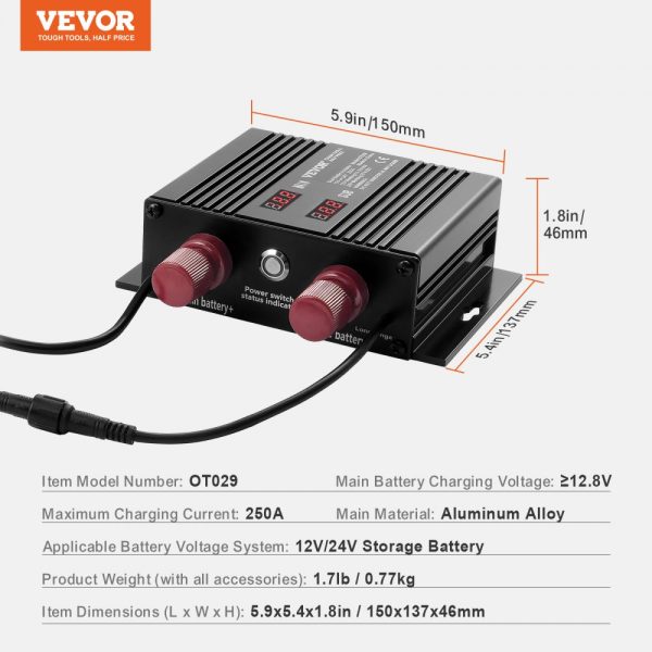 250A Dual Battery Smart Isolator 12V 24V VSR Relay for Car Truck ATV RV Battery Starter Controller Power Switch with LCD Screen - Image 7