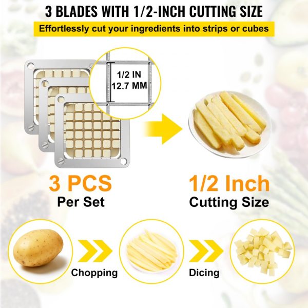 Replacement Chopper Blade 1/2 Inch 3-Piece French Fry Blade Assembly with 6 Extra Knife Blades Stainless Steel Dicer Parts and Push Block for Cutting Vegetables - Image 3