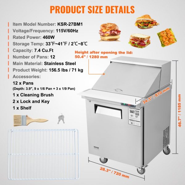 Commercial Refrigerator 28" Sandwich Salad Prep Table 1 Door with 12 Pans - Image 7