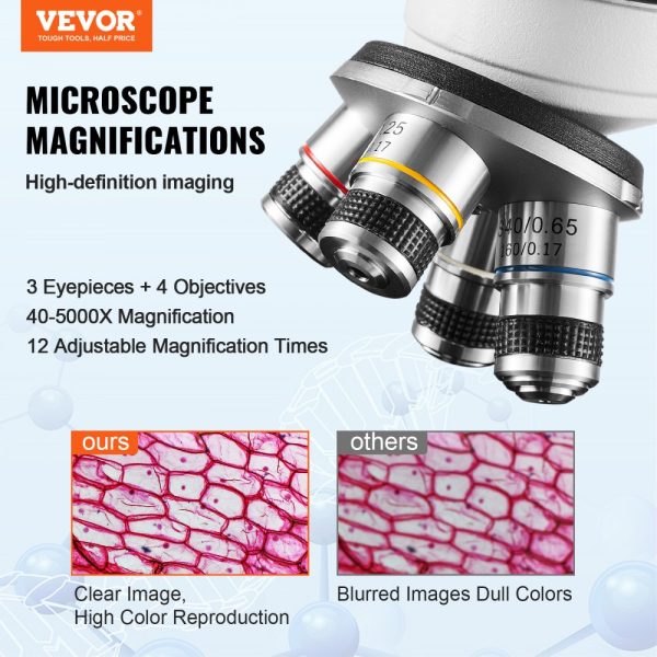 Compound Trinocular Microscope 40X-5000X Dual Layer Mechanical Stage External Interface LED Illumination with Microscope Slides - Image 2