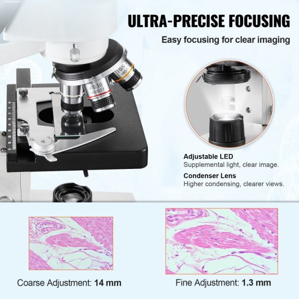 Compound Trinocular Microscope 40X-5000X Dual Layer Mechanical Stage External Interface LED Illumination with Microscope Slides - Image 3
