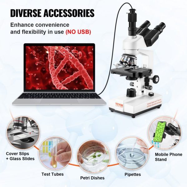 Compound Trinocular Microscope 40X-5000X Dual Layer Mechanical Stage External Interface LED Illumination with Microscope Slides - Image 5